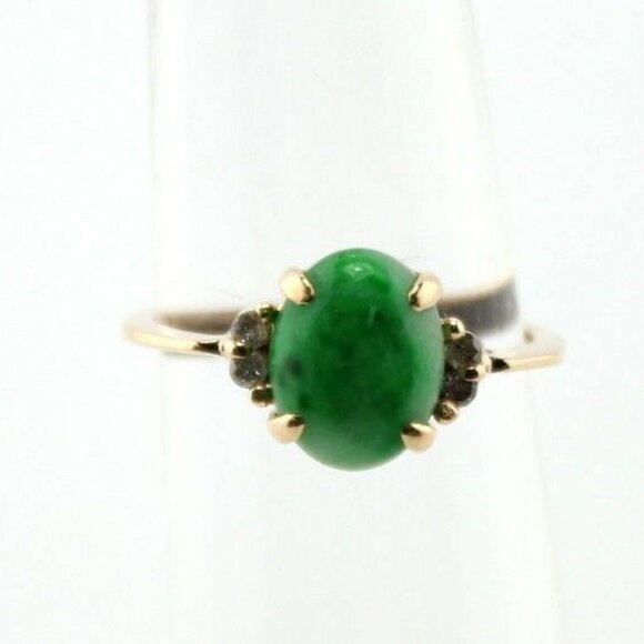 VINTAGE 18K YELLOW GOLD JADE & .04 CTW DIAMOND COCKTAIL RING SIZE 6- #3582-1 - Picture 9 of 10